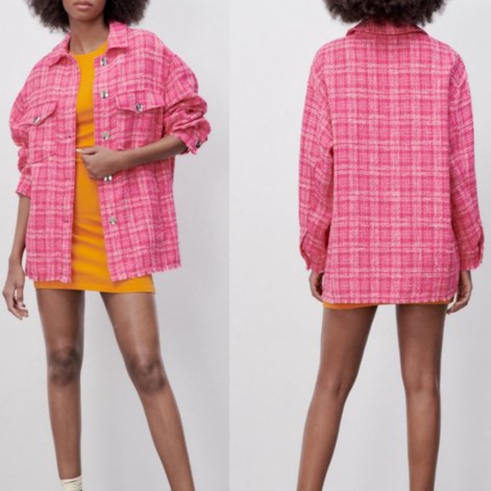 NWT ZARA WOVEN PLAID OVER SIZE SHIRT PINK / WHITE M - Picture 1 of 8